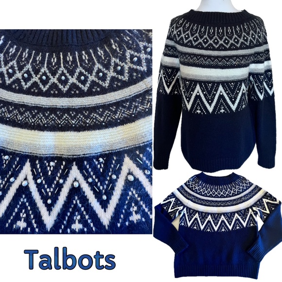 Talbots Wool Blend Fair Isle Sweater Pearls Beaded Dark Fairy Ski Countryside LP - Picture 1 of 14